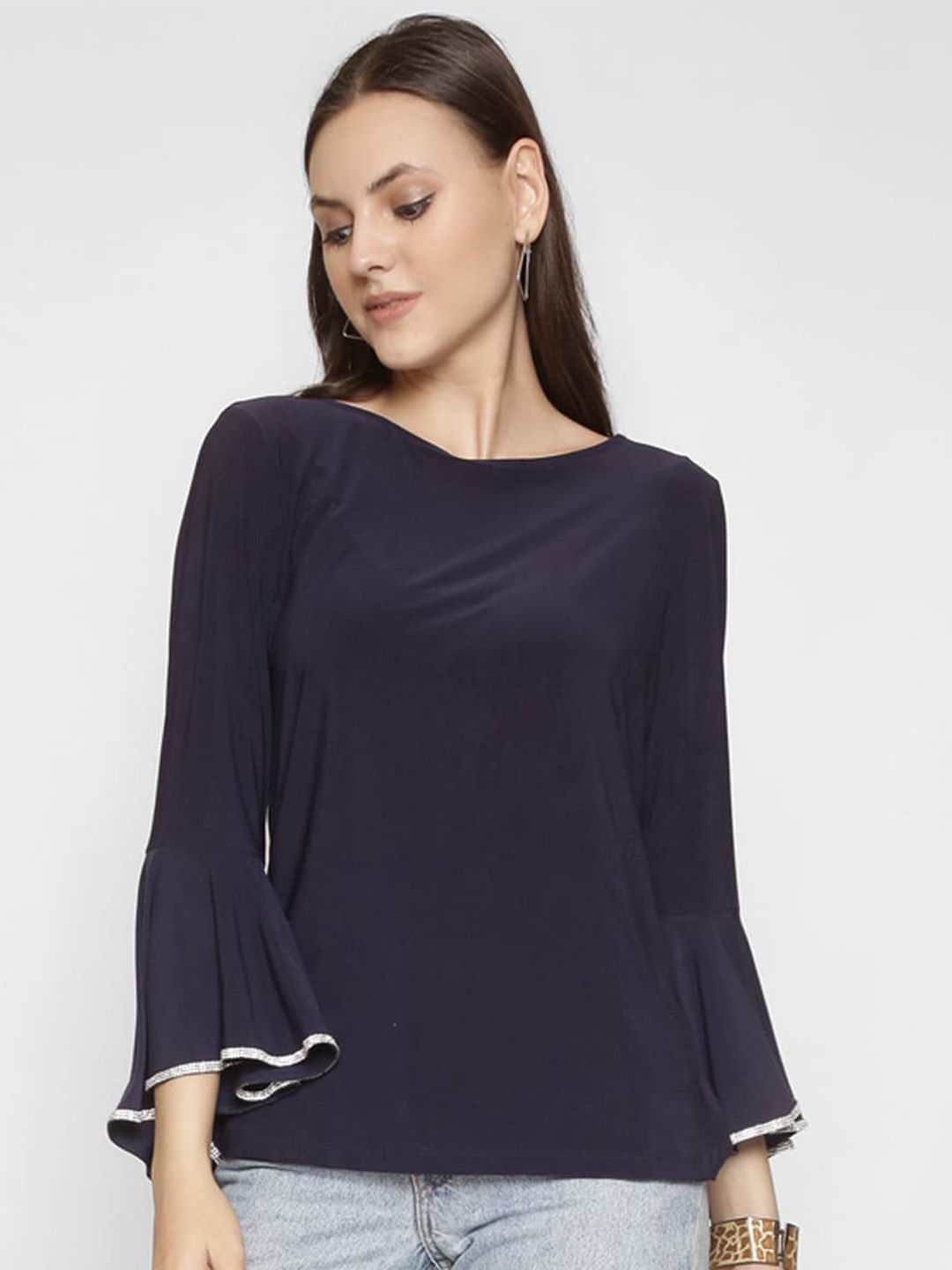 

250 DESIGNS Bell Sleeve Boat Neck Georgette Top, Navy blue