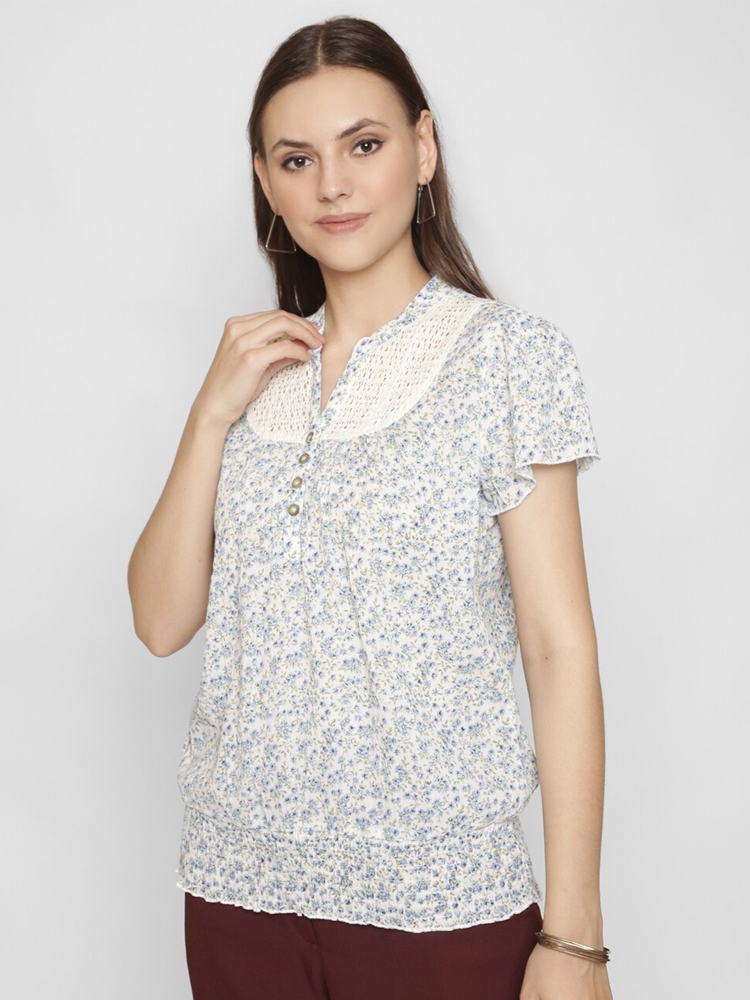 

250 DESIGNS Floral Printed Mandarin Collar Flutter Sleeves Lace Up Detail Top, Blue