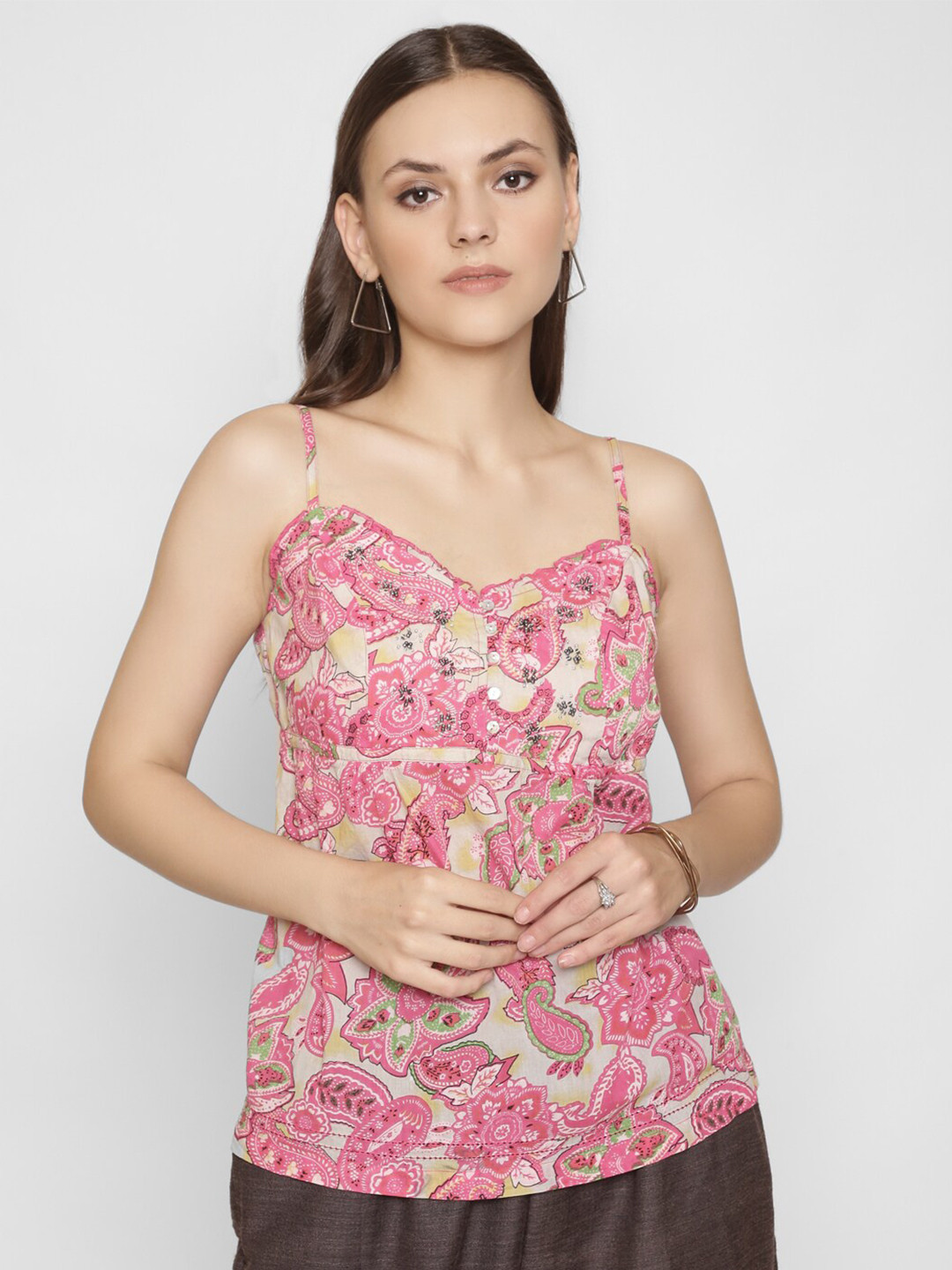 

250 DESIGNS Ethnic Motifs Printed Bead Work Shoulder Straps Top, Pink