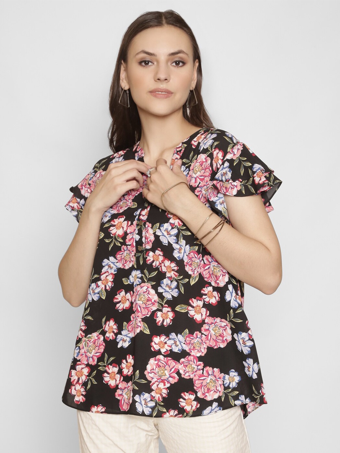 

250 DESIGNS Floral Printed Flutter Sleeves V-Neck A-Line Top, Brown