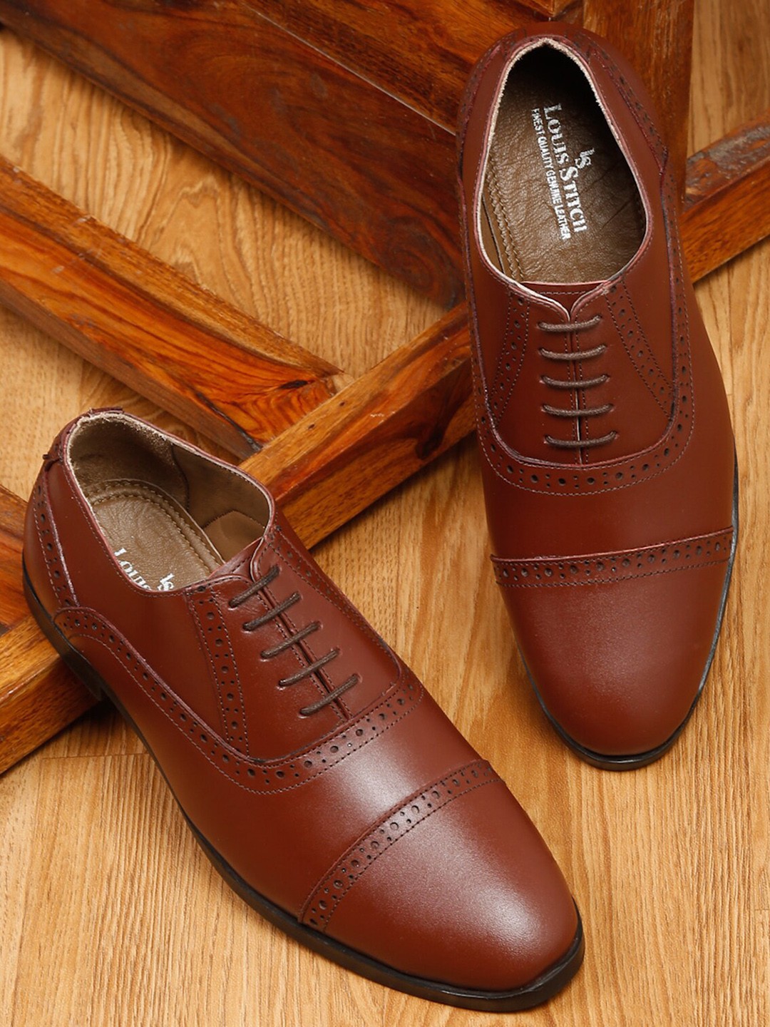 

LOUIS STITCH Men Italian Leather Formal Lace Up Brogues, Brown