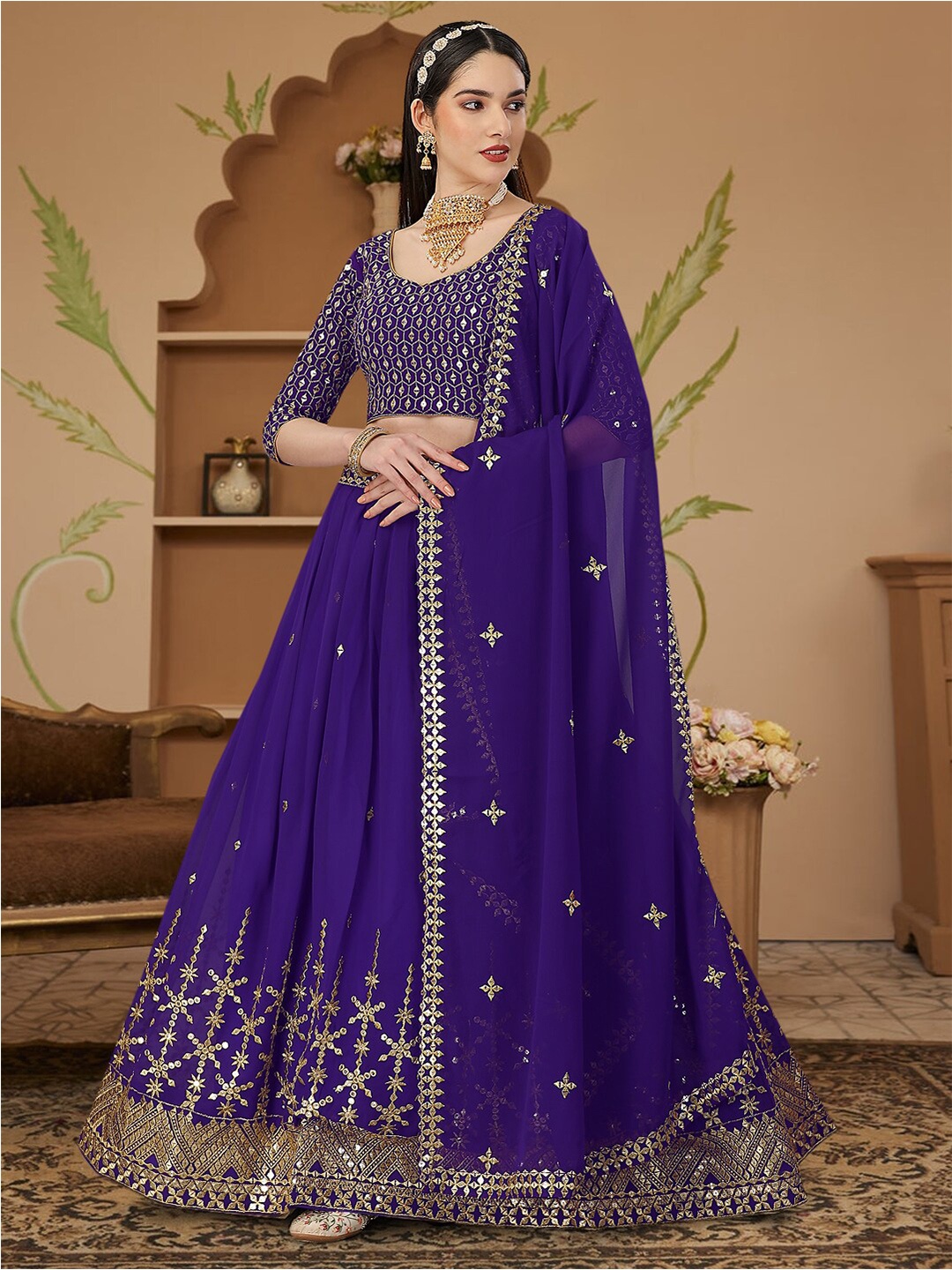 

Angroop Embroidered Semi-Stitched Lehenga & Unstitched Blouse With Dupatta, Purple