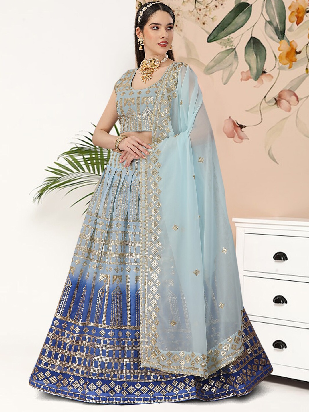 

Angroop Embellished Semi-Stitched Lehenga & Unstitched Blouse With Dupatta, Blue