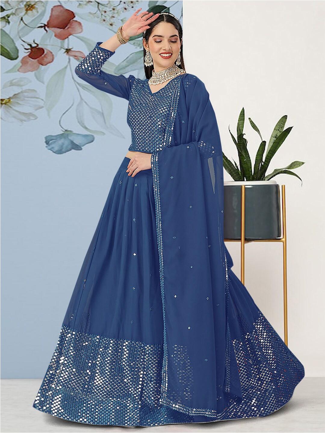 

Angroop Sequinned Semi-Stitched Lehenga & Unstitched Blouse With Dupatta, Blue