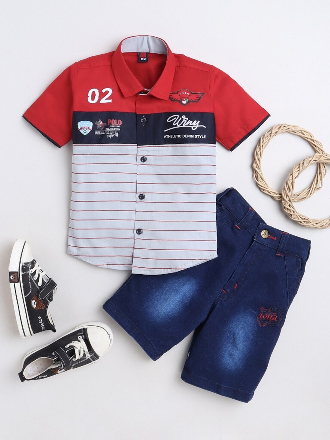 

BAESD Boys Printed Cotton Shirt with Shorts, Red
