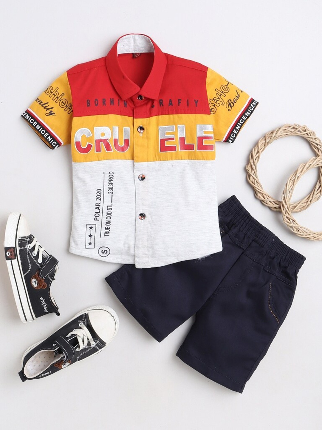 

BAESD Boys Colourblocked Shirt with Shorts, Mustard