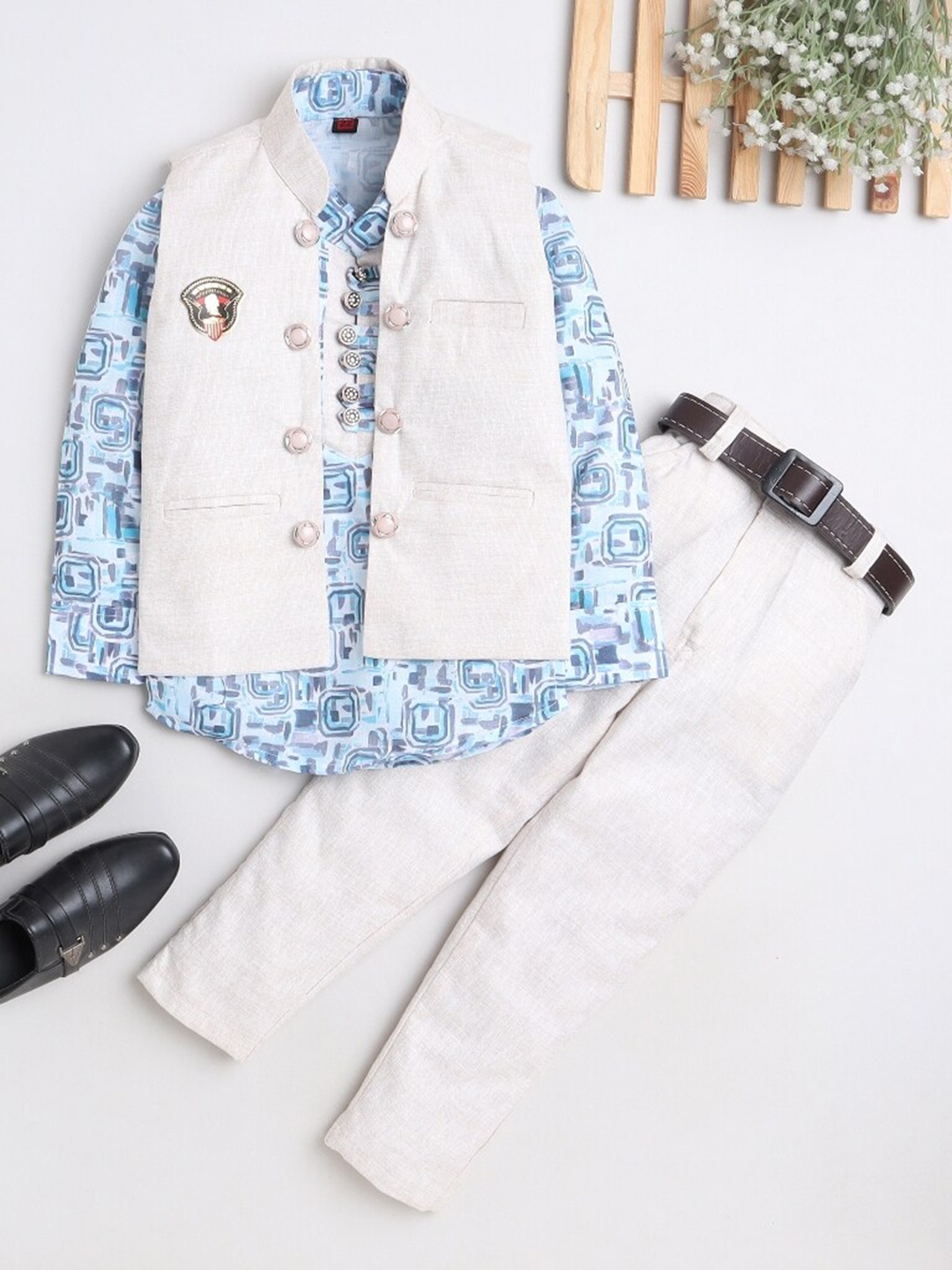 

BAESD Boys Printed Shirt & Trousers With Waistcoat, Blue