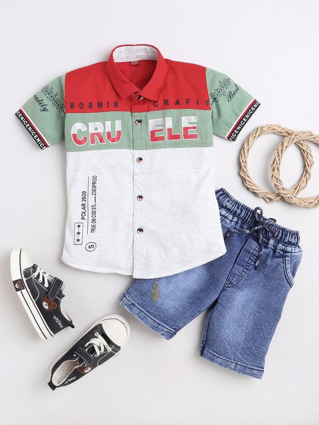 

BAESD Boys Colourblocked Shirt with Shorts, Green