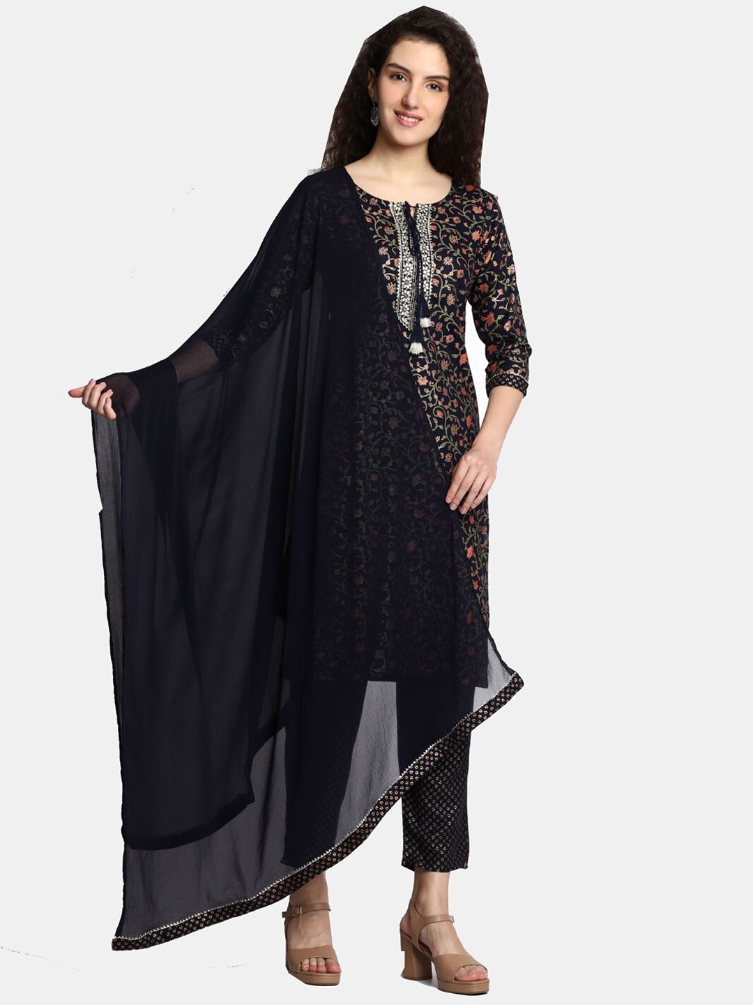 

HIGHLIGHT FASHION EXPORT Floral Printed Kurta With Trousers & Dupatta, Blue