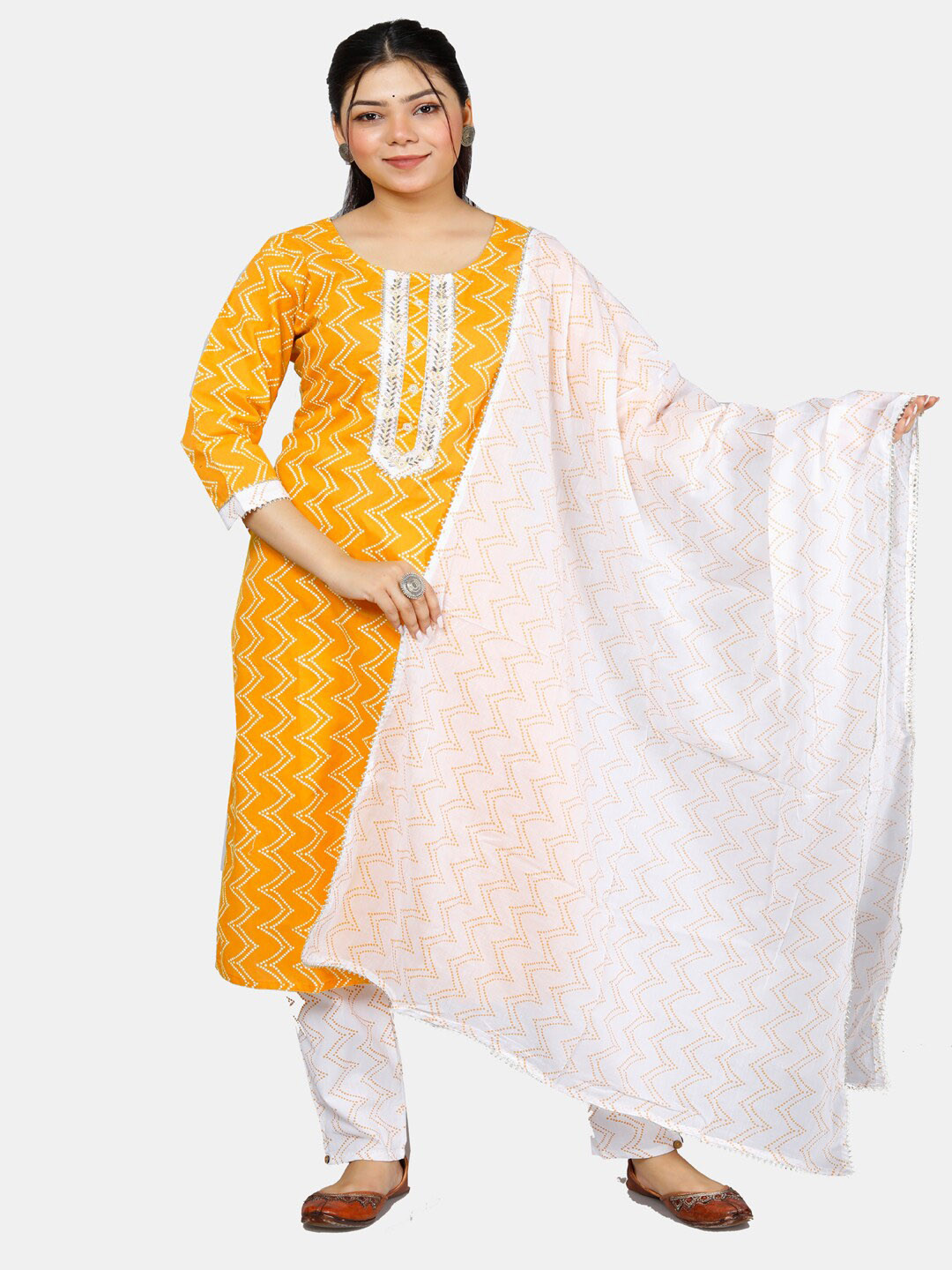 

HIGHLIGHT FASHION EXPORT Printed Regular Kurta With Trousers & Dupatta, Yellow