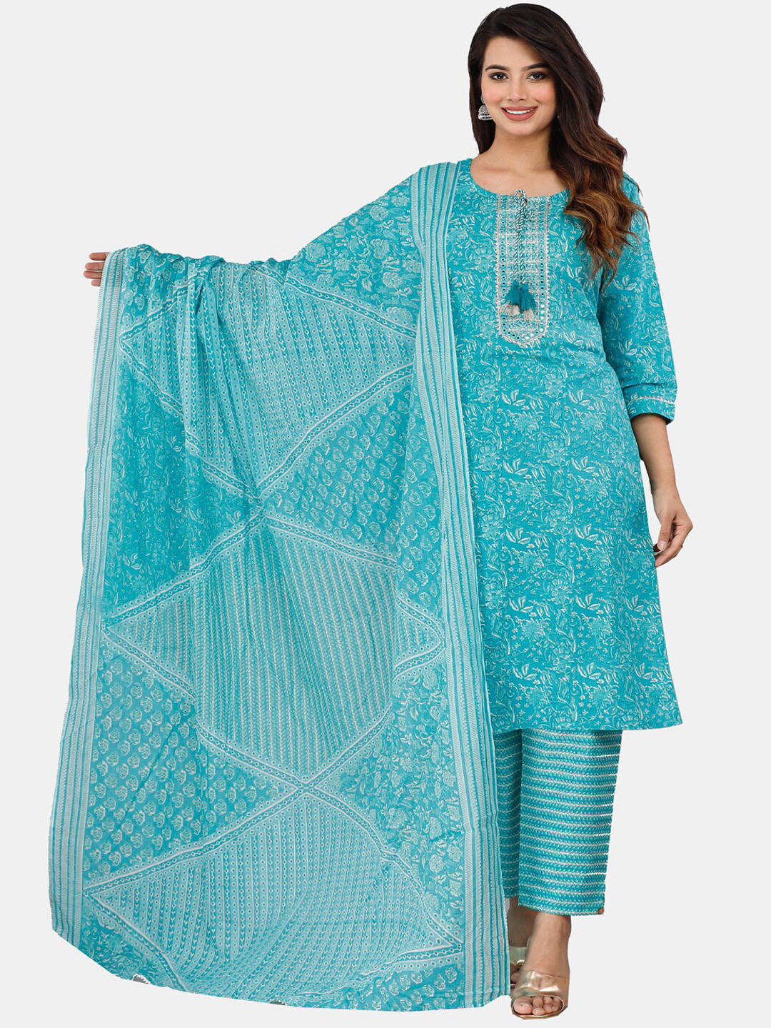 

HIGHLIGHT FASHION EXPORT Floral Printed Regular Pure Cotton Kurta With Trousers & Dupatta, Blue