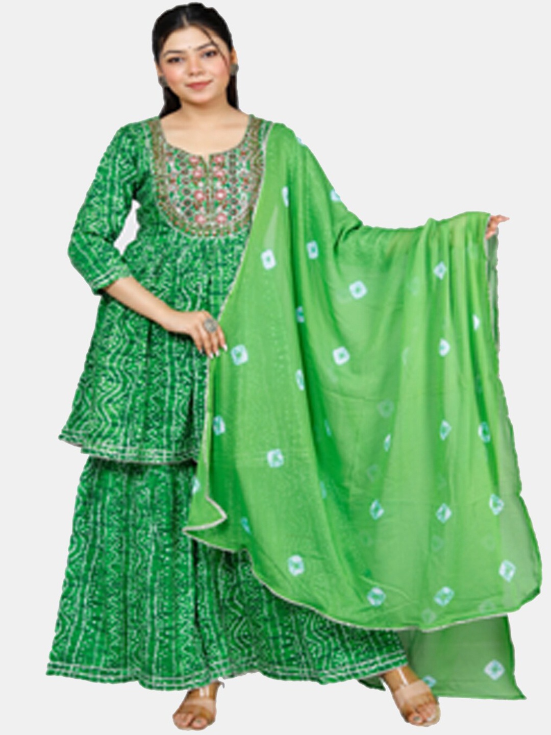 

HIGHLIGHT FASHION EXPORT Bandhani Printed Regular Kurta With Sharara & Dupatta, Green