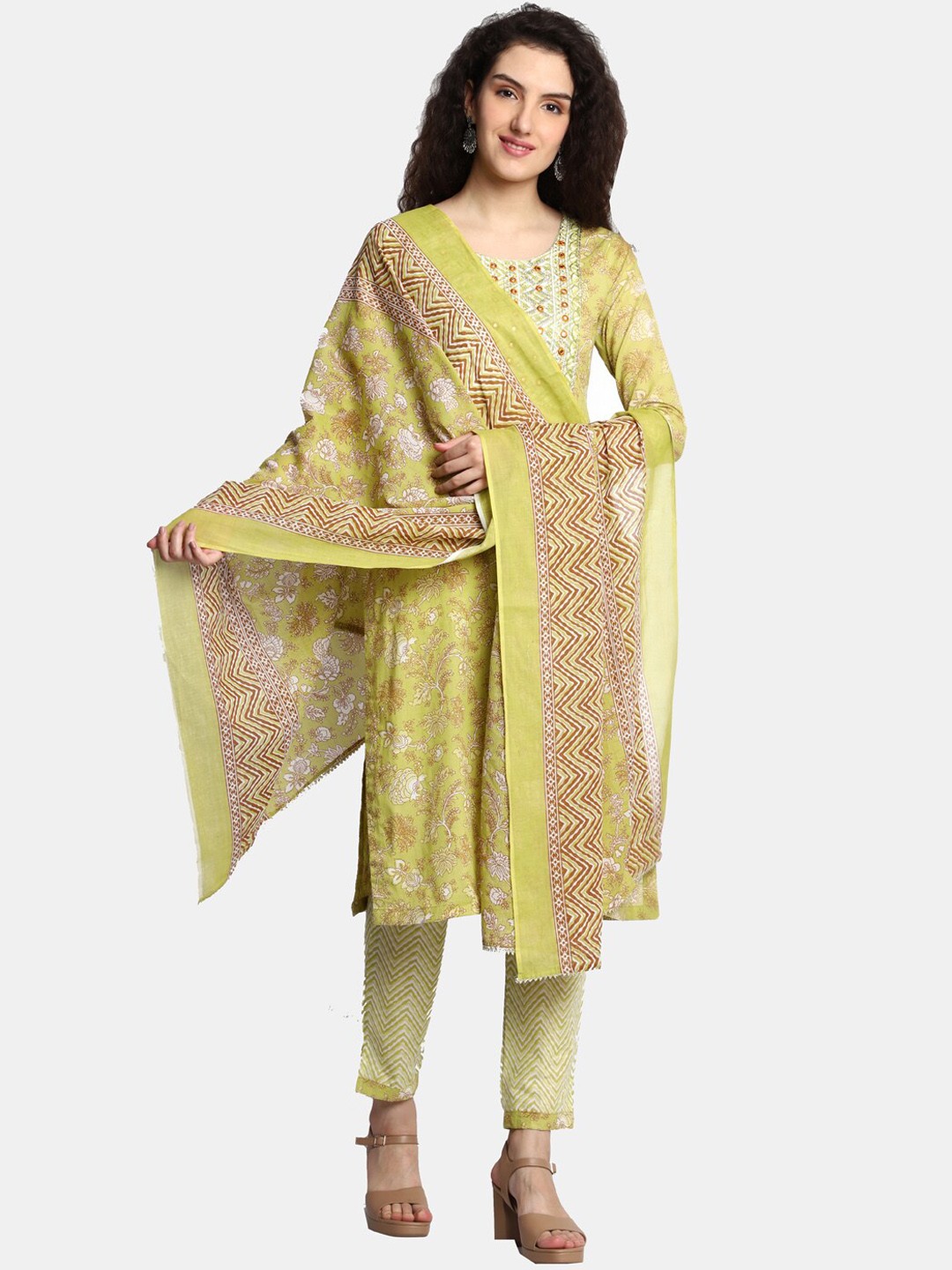 

HIGHLIGHT FASHION EXPORT Floral Printed Pure Cotton Kurta With Trousers & Dupatta, Green