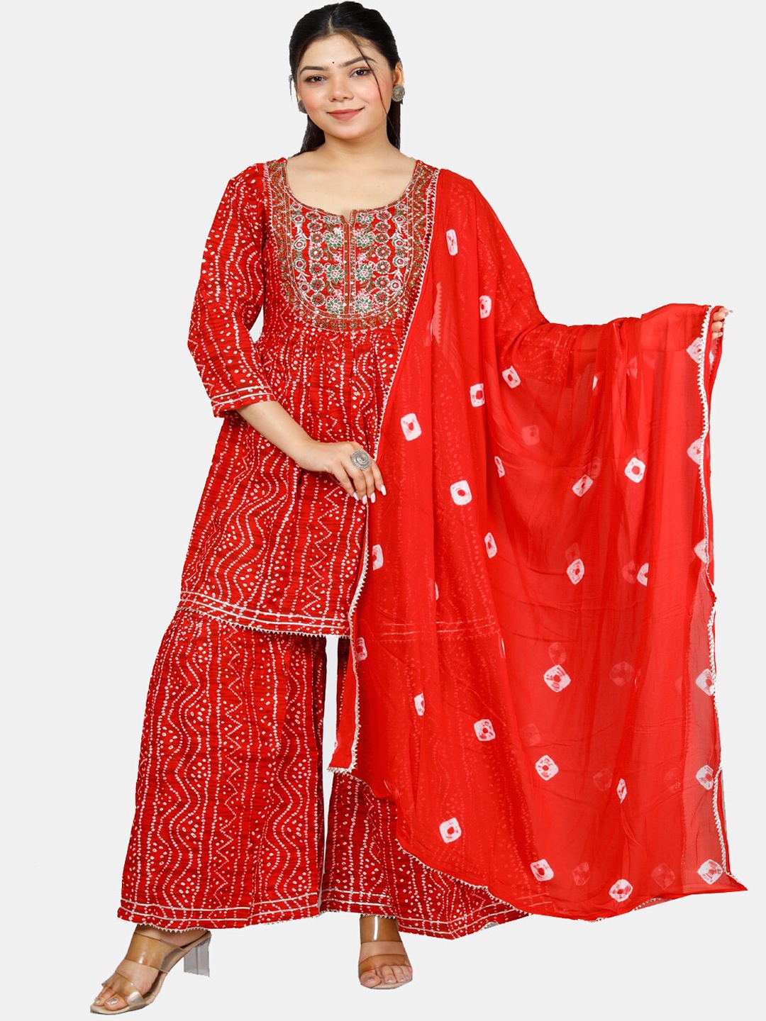 

HIGHLIGHT FASHION EXPORT Bandhani Printed Zardozi Kurti With Sharara & Dupatta, Red