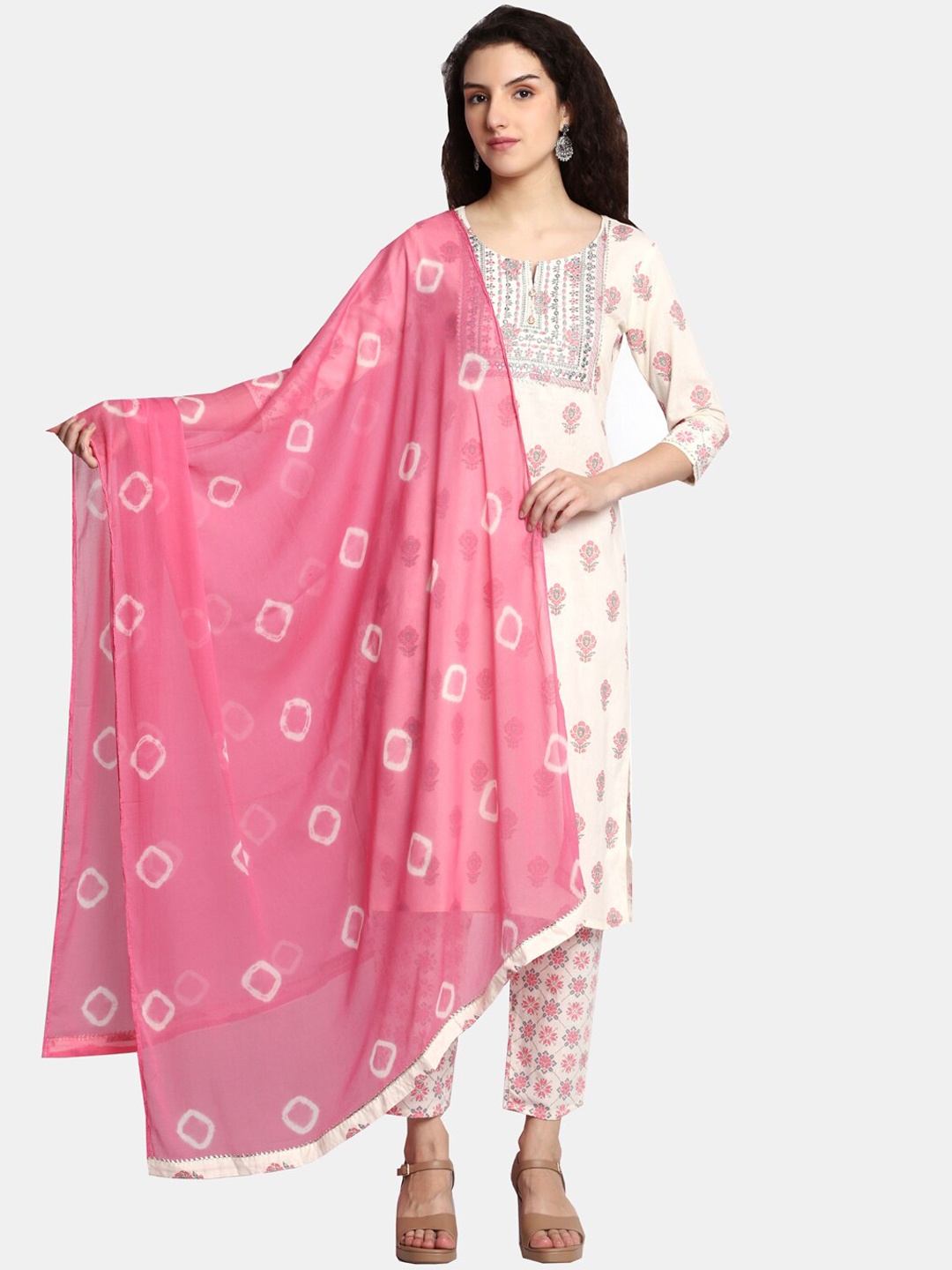 

HIGHLIGHT FASHION EXPORT Floral Printed Pure Cotton Kurta With Trousers & Dupatta, Pink