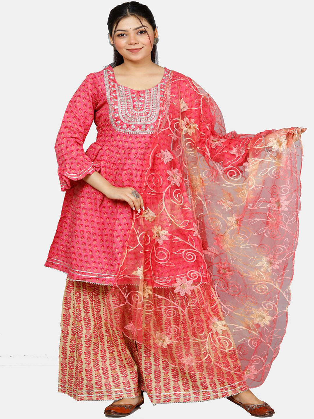 

HIGHLIGHT FASHION EXPORT Ethnic Motifs Printed Pure Cotton Kurta With Sharara & Dupatta, Pink