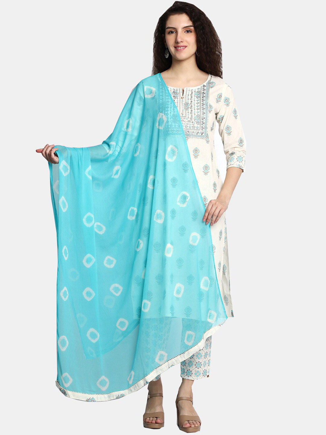 

HIGHLIGHT FASHION EXPORT Floral Printed Pure Cotton Kurta With Trousers & With Dupatta, White