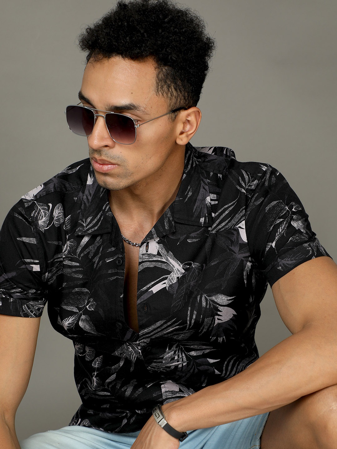 

HERE&NOW Slim Fit Tropical Printed Cotton Casual Shirt, Black