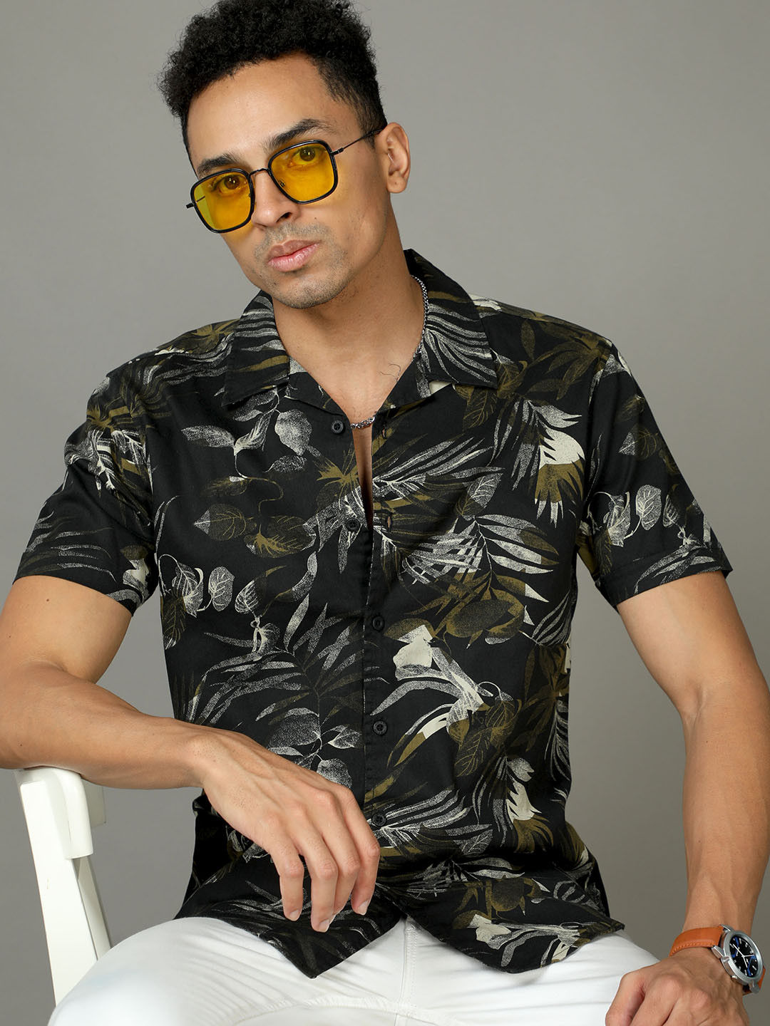 

HERE&NOW Slim Fit Tropical Printed Cotton Casual Shirt, Black