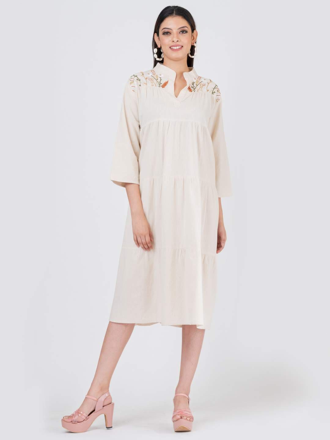 

S&F Mandarin Collar Embroidered Tiered A-Line Midi Linen Cotton Dress, Beige