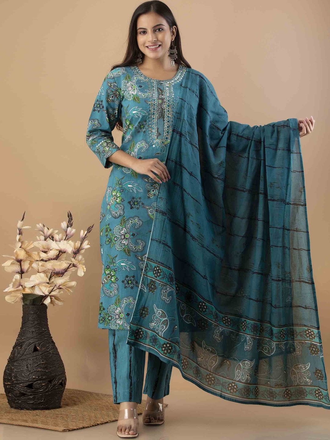 

JAIPUR FASHION MODE Ethnic Motifs Printed Pure Cotton Kurta With Trousers & With Dupatta, Blue