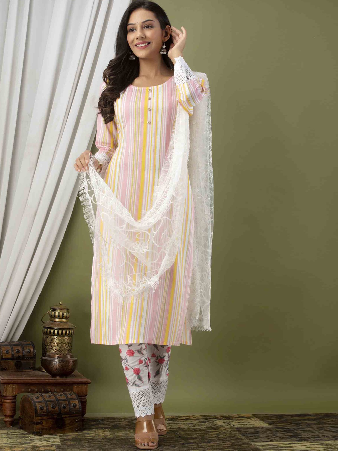 

JAIPUR FASHION MODE Striped Straight Kurta with Trousers & Dupatta, White