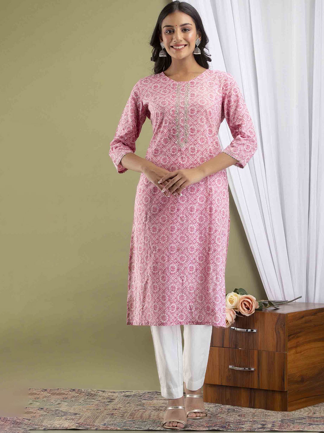 

JAIPUR FASHION MODE Ethnic Printed Regular Pure Cotton Kurta & Trousers With Dupatta, Pink