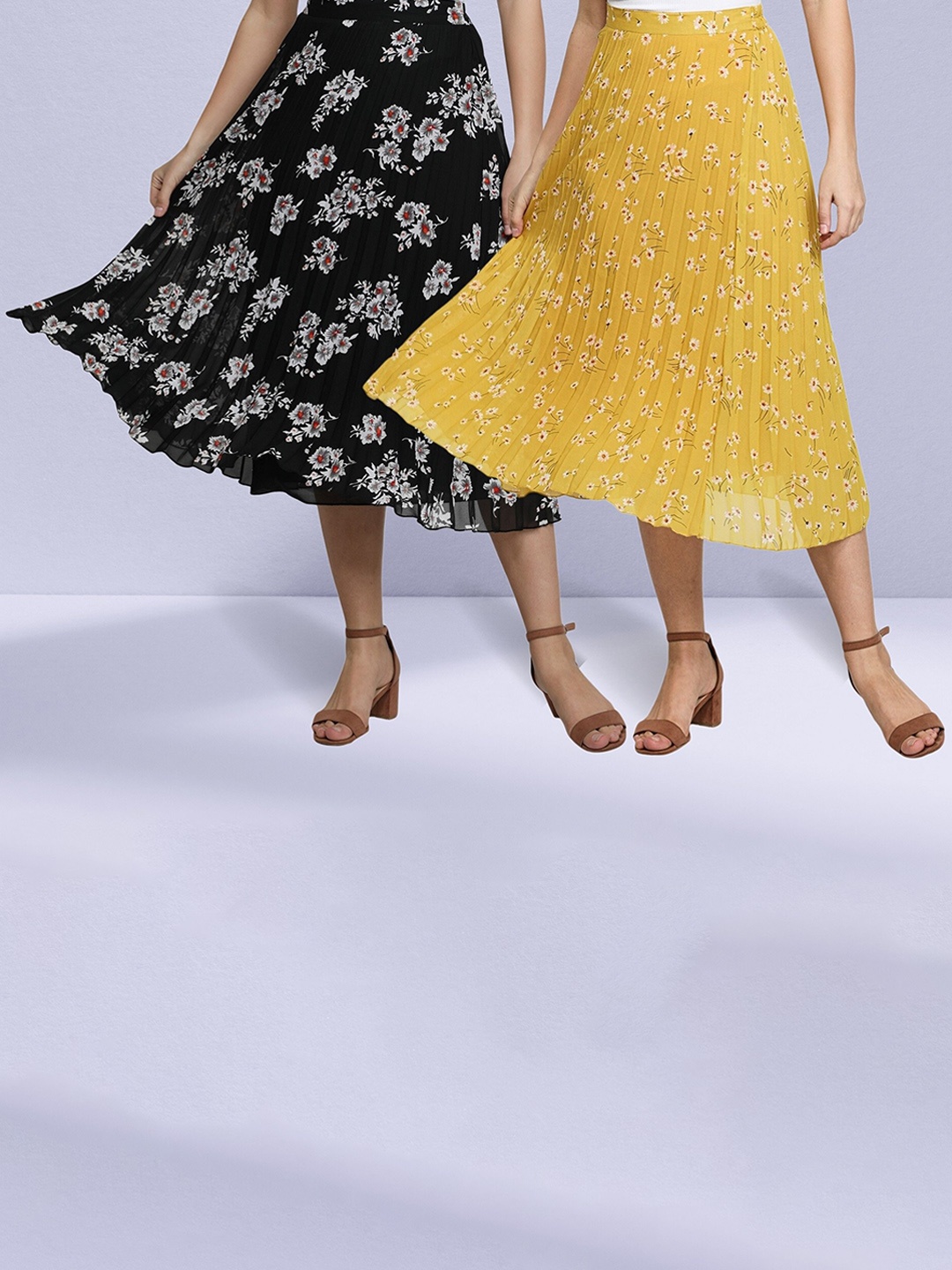 

NUEVOSDAMAS Pack of 2 Floral Printed Gathered & Pleated Midi Flared Skirts, Black