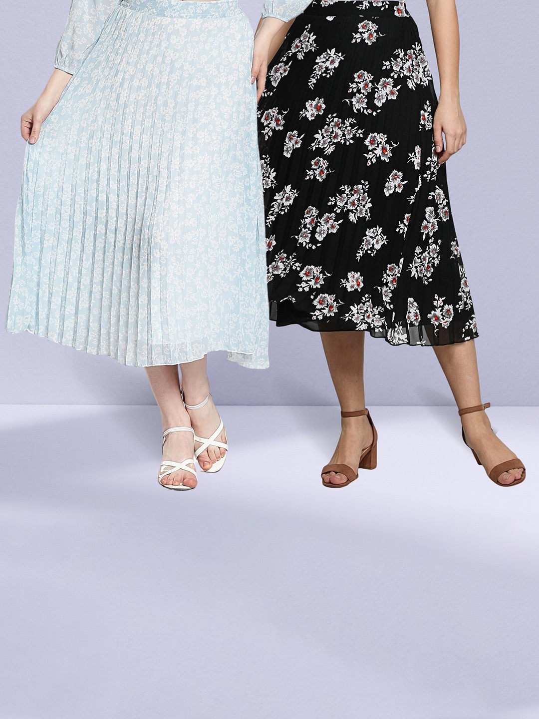 NUEVOSDAMAS Pack of 2 Floral Printed Midi Flared Skirts, Black