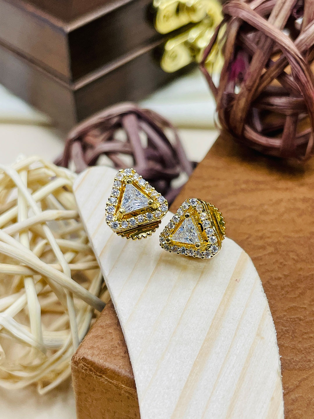 

ABDESIGNS Silver-Plated American Diamond Studded Triangular Studs