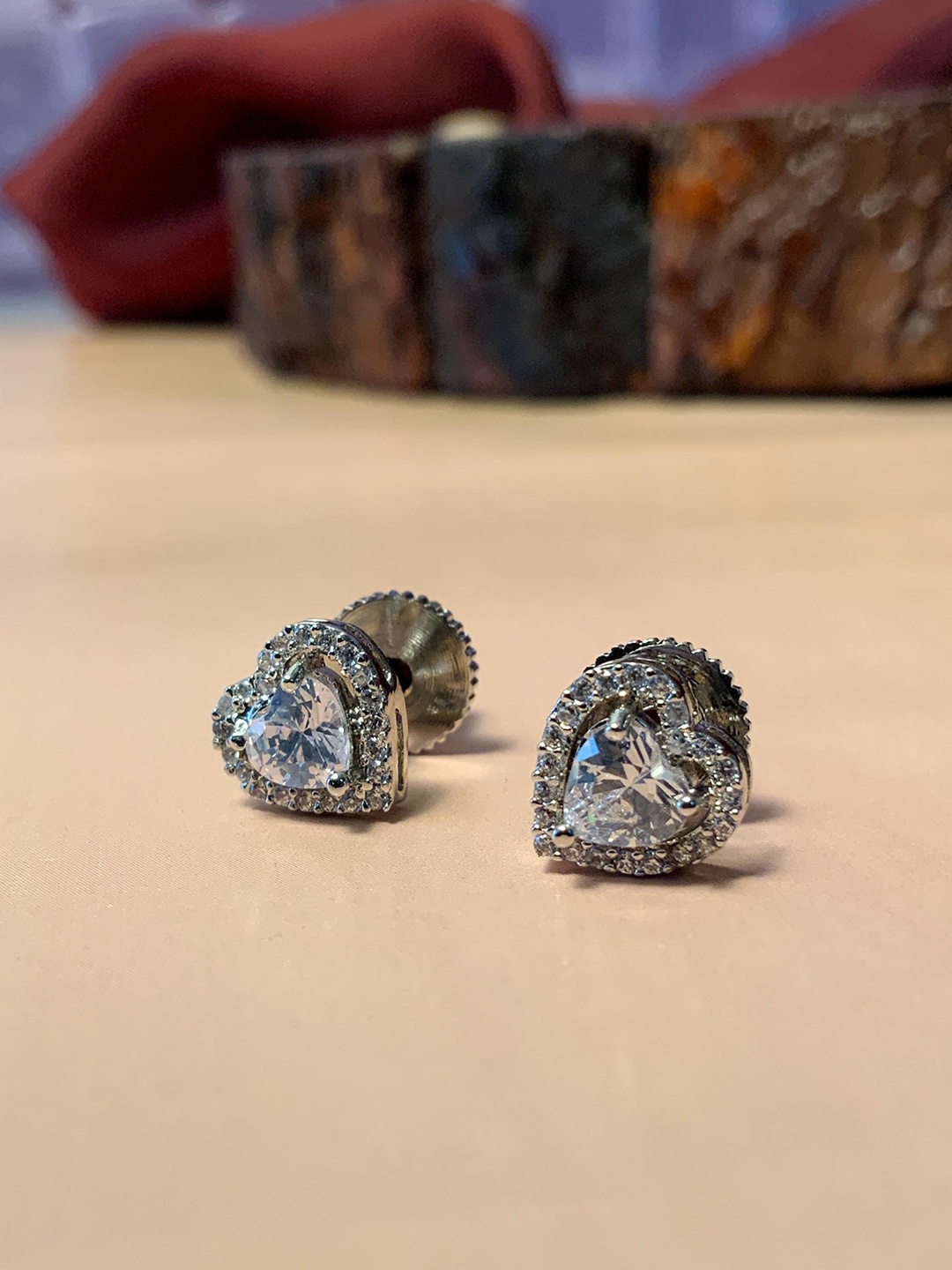 

ABDESIGNS Silver-Plated American Diamond Studded Heart Shaped Studs