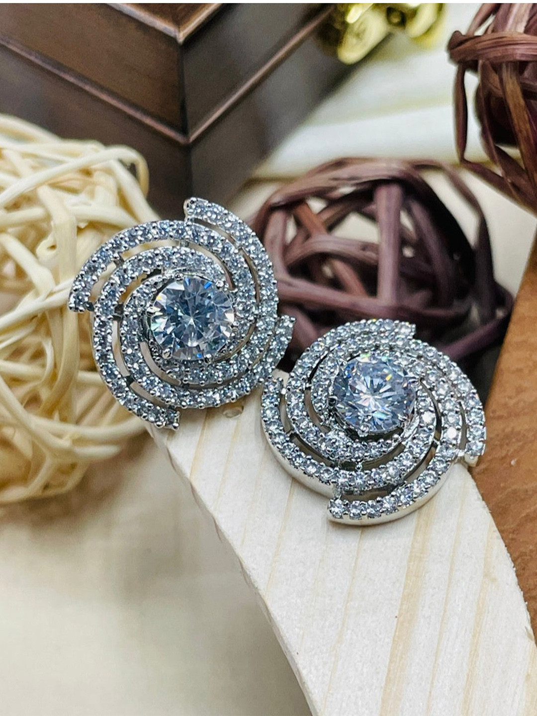 

ABDESIGNS Silver-Plated American Diamond Studded Contemporary Studs