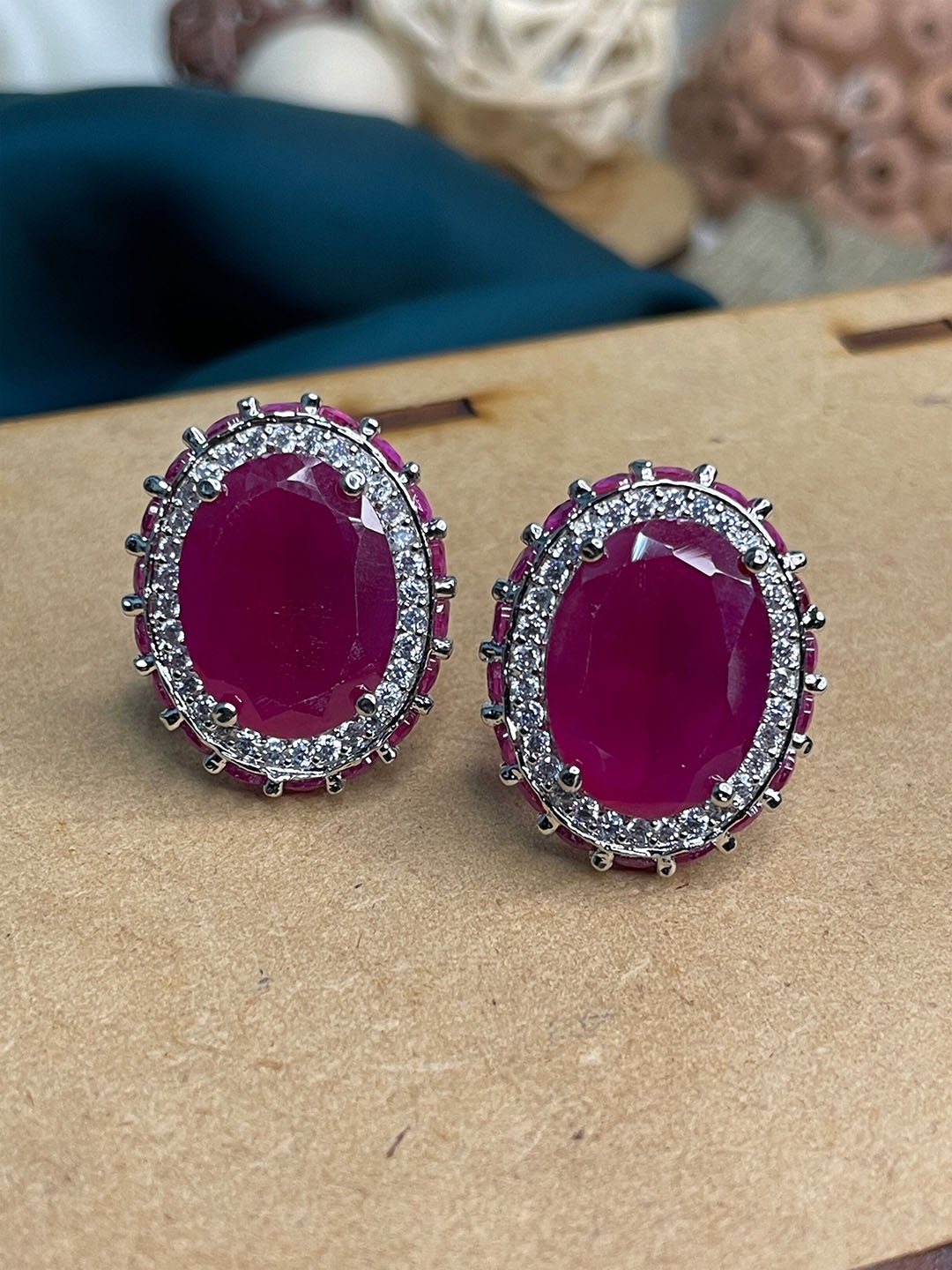 

ABDESIGNS Silver-Plated Crystal Studded Oval Stud Earrings