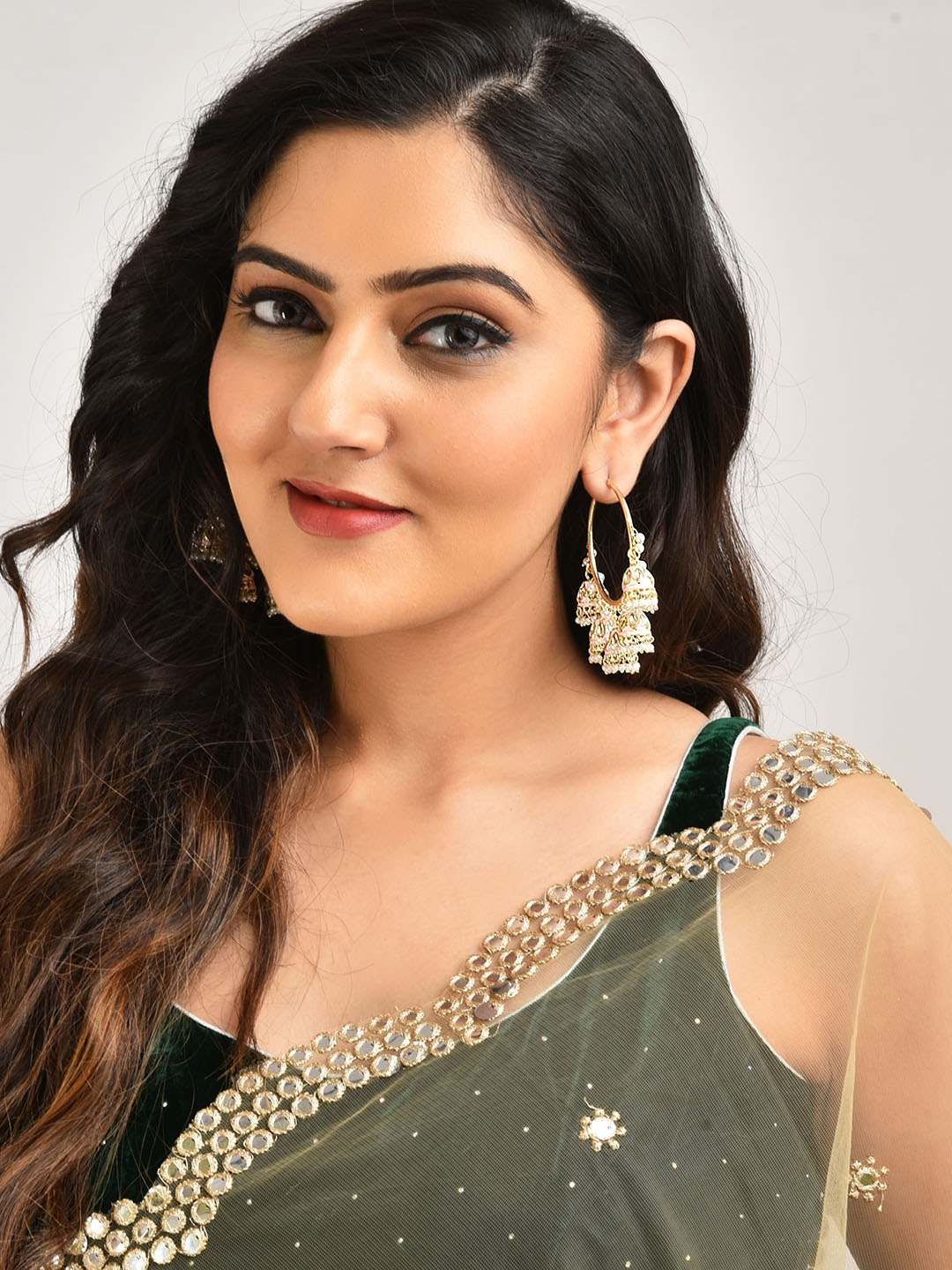 

LAIDA Rose Gold-Plated Stone Studded & Beaded Dome-Shaped Jhumkas