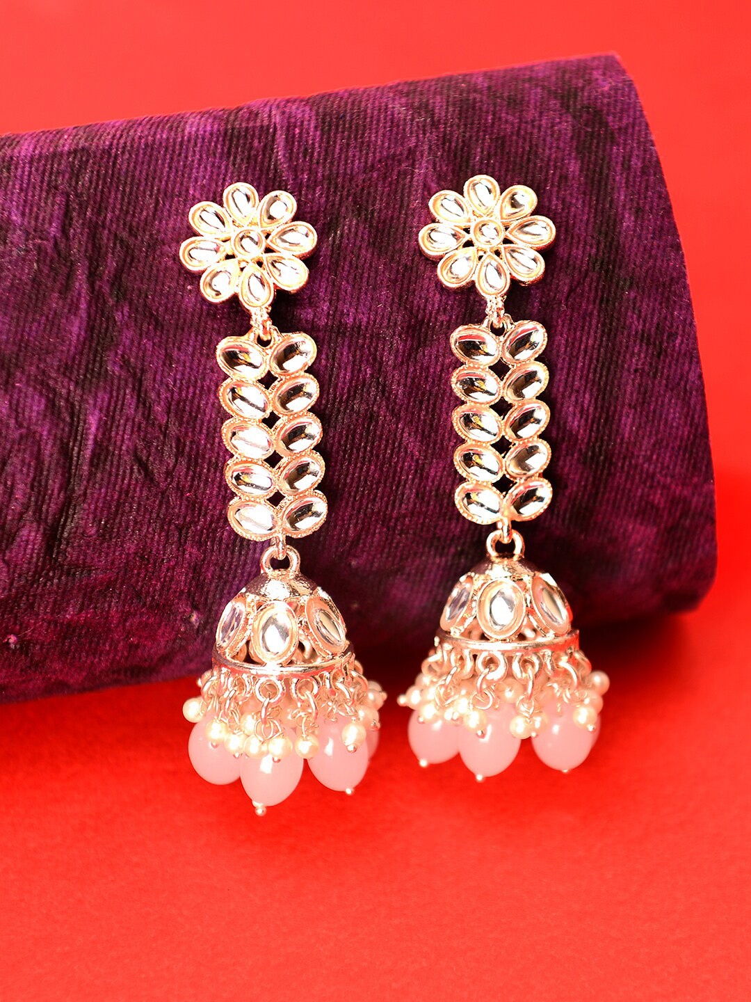 

LAIDA Rose Gold-Plated Stone Studded & Beaded Contemporary Jhumkas
