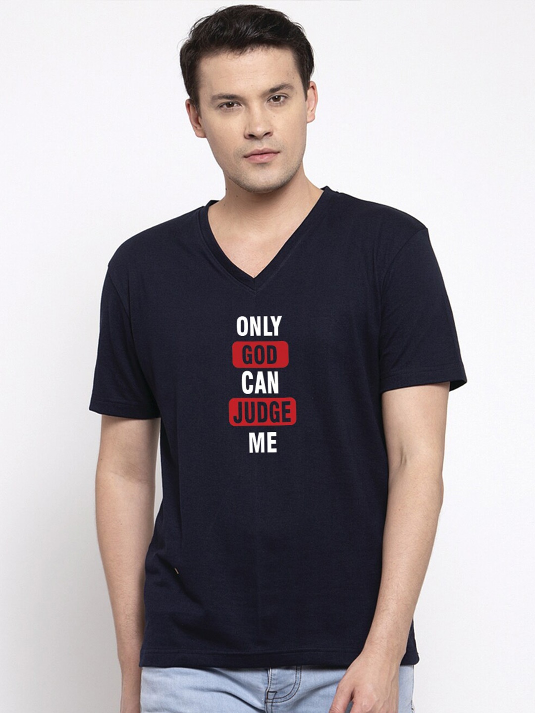 

Friskers Typography Printed V-Neck Bio Wash Cotton T-Shirt, Navy blue