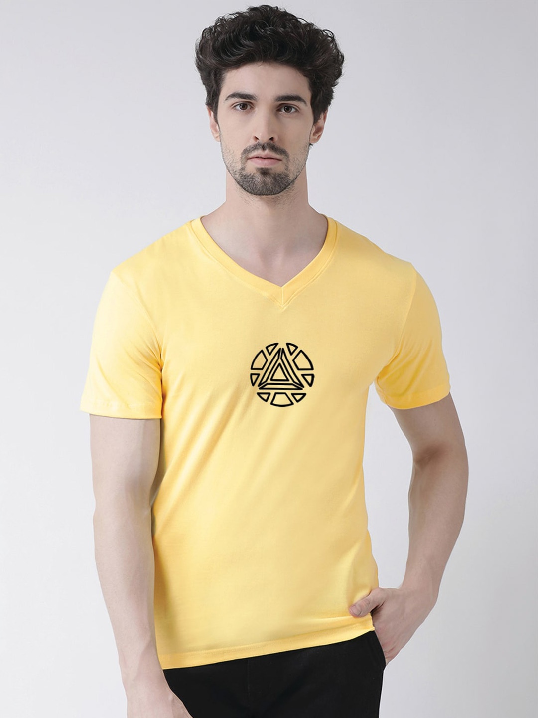 

Friskers Geometric Printed V-Neck Cotton T-shirt, Yellow