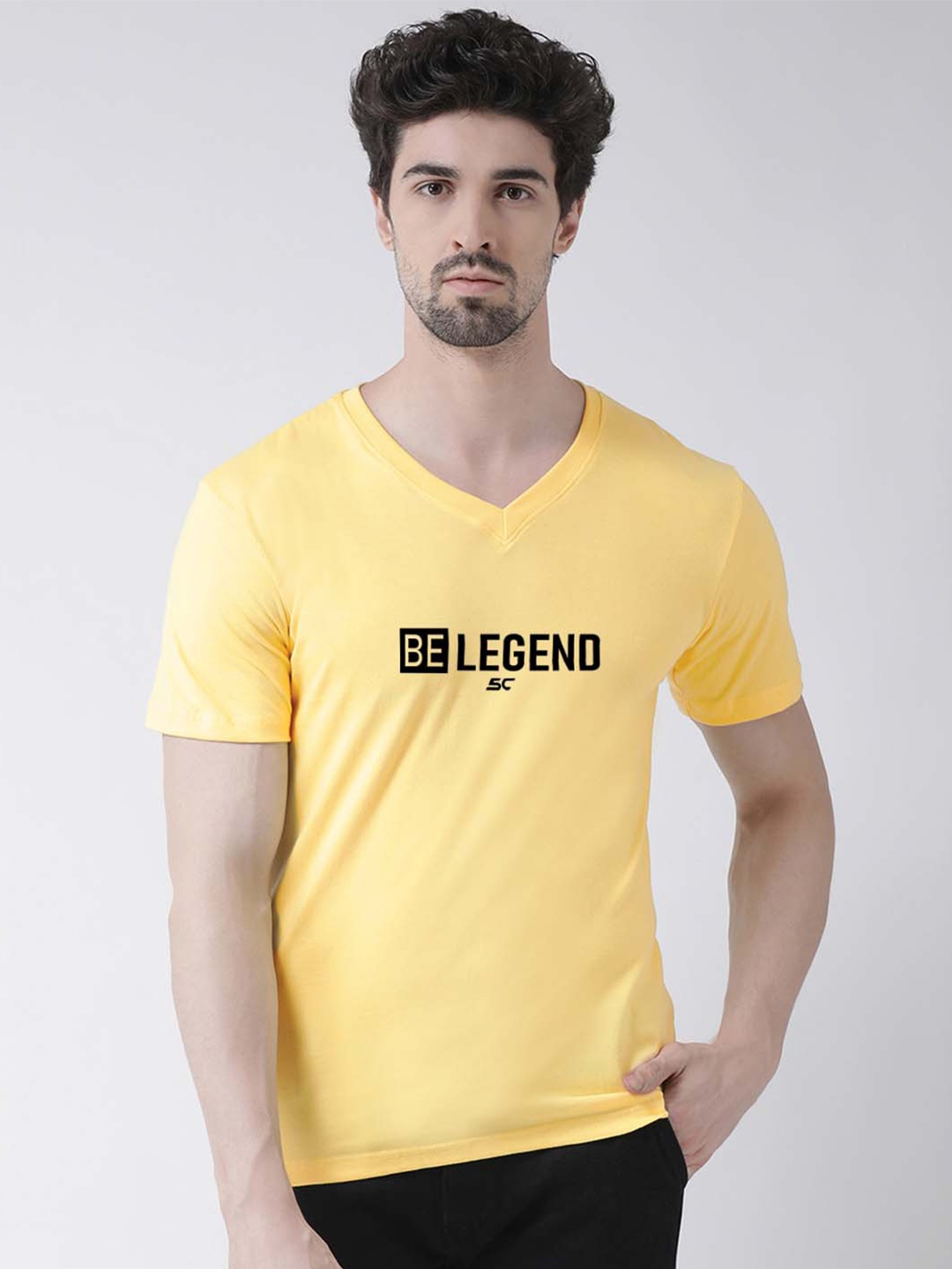 

Friskers Typography Printed V-Neck Pure Cotton T-shirt, Yellow