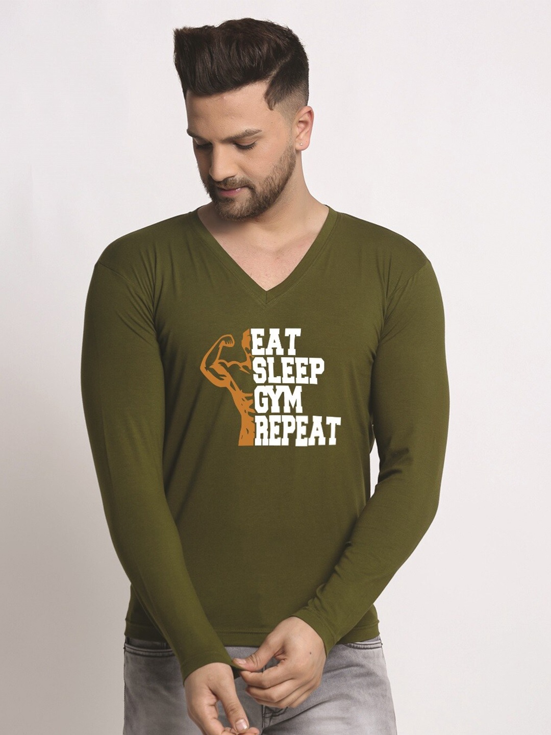 

Friskers Typography Printed V-Neck Cotton T-shirt, Olive