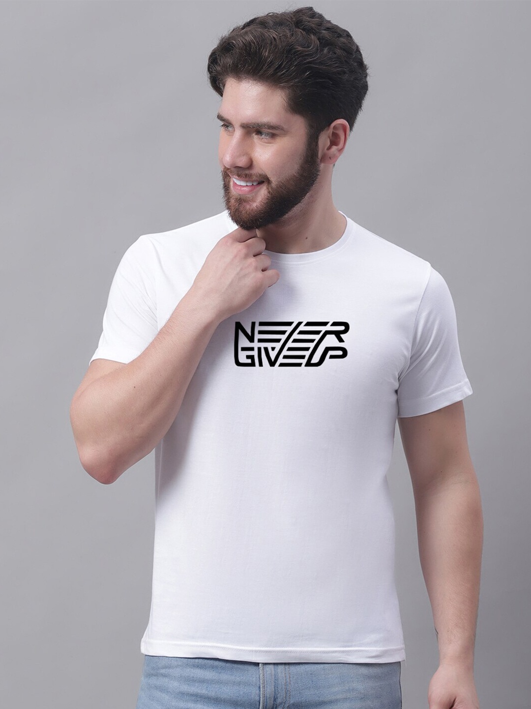 

Friskers Never Give Up Printed Short Sleeves Cotton T-shirt, White