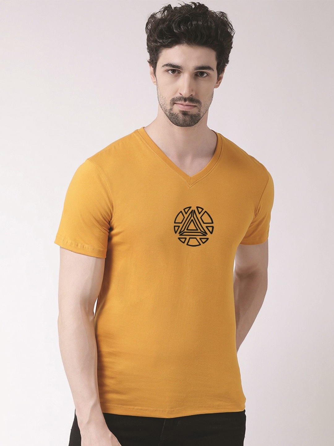 

Friskers Men Printed V-Neck Cotton T-shirt, Gold