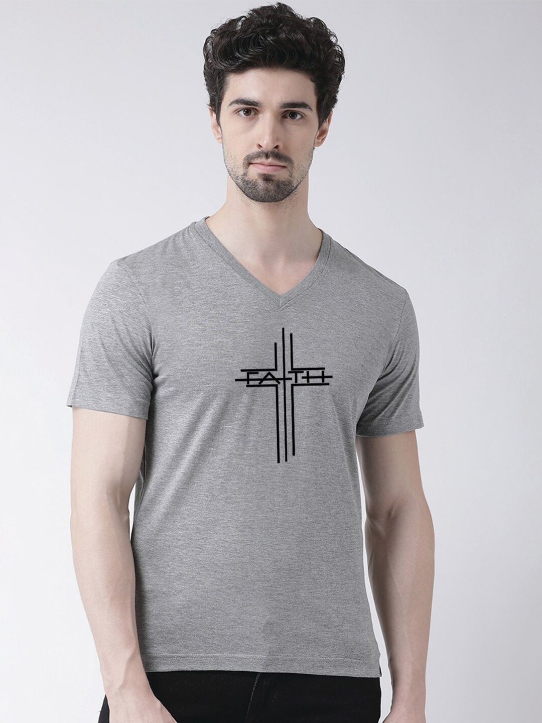 

Friskers Typography Printed V-Neck T-shirt, Grey