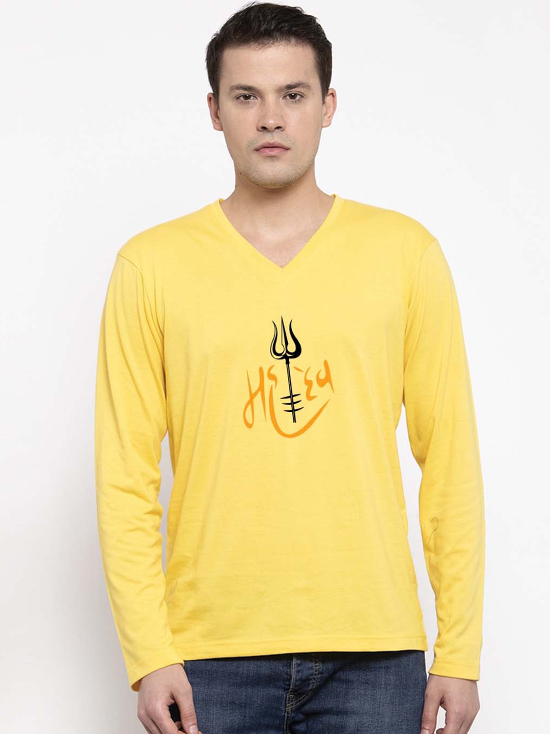 

Friskers Graphic Printed V-Neck Bio Wash Cotton T-Shirt, Yellow