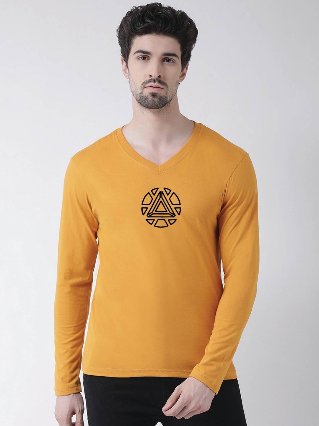 

Friskers Graphic Printed V-Neck Bio Wash Cotton T-Shirt, Mustard