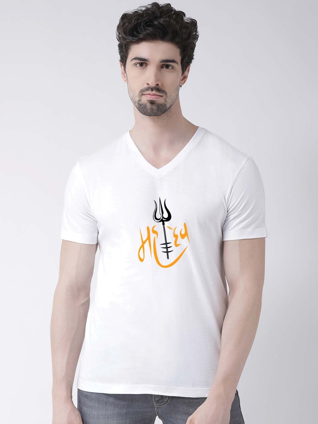 

Friskers Men Mahadev Printed V-Neck Cotton T-shirt, White