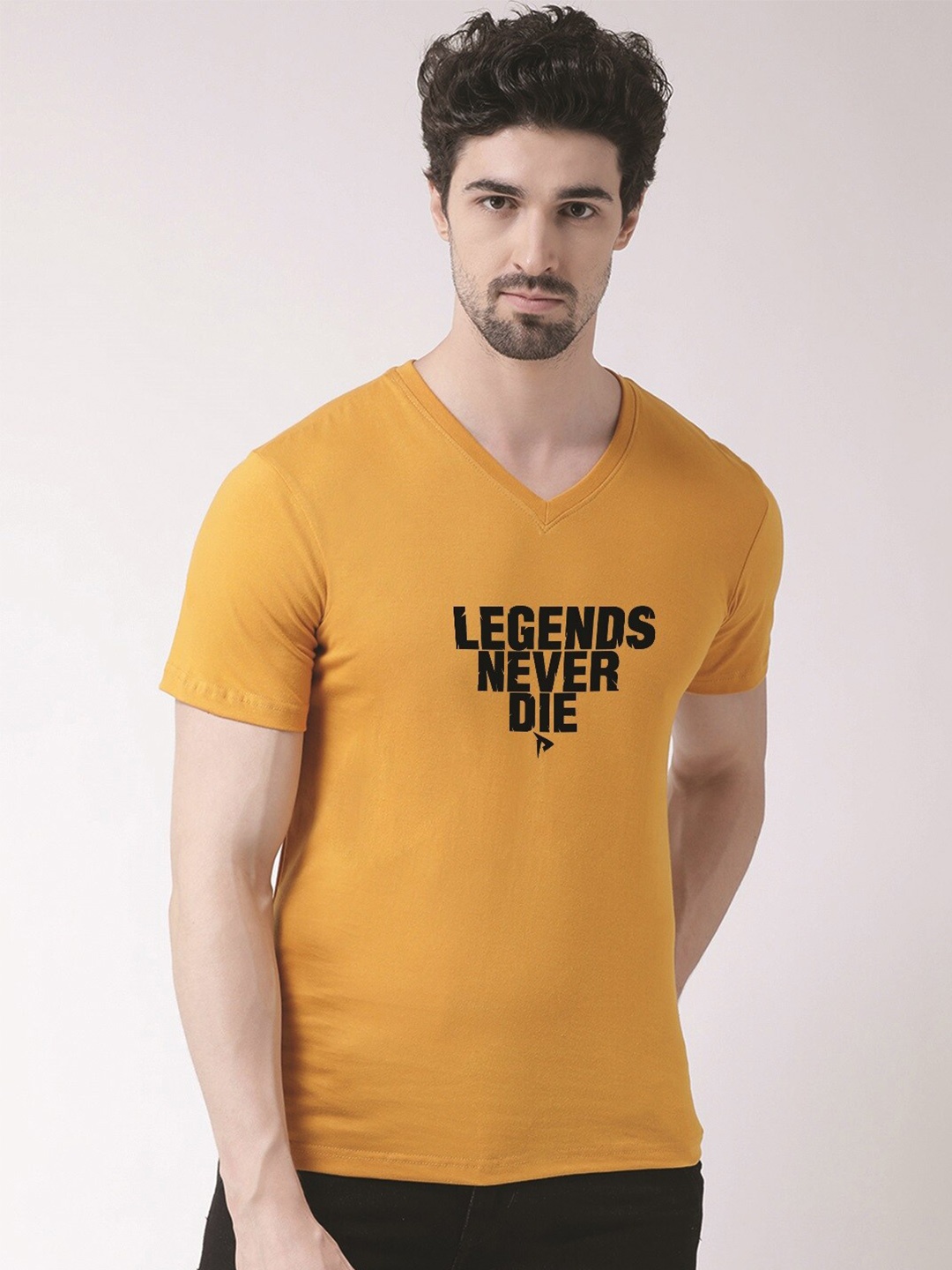 

Friskers Legend Never Die Printed V-Neck Short Sleeves Cotton T-shirt, Mustard