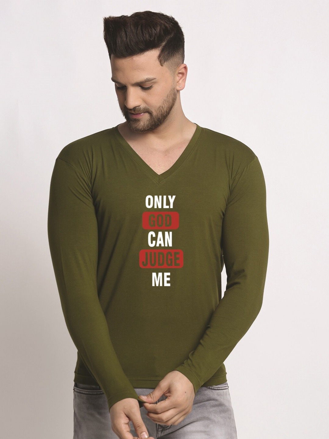 

Friskers Typography Printed V-Neck Full Sleeves Cotton T-shirt, Olive