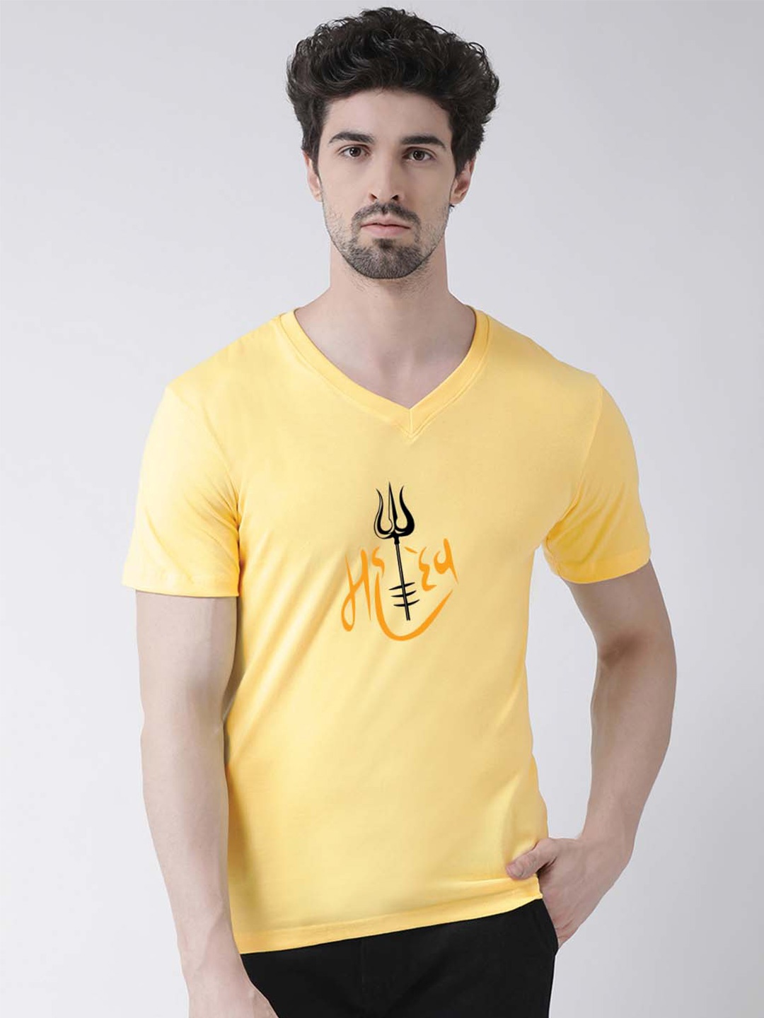 

Friskers Graphic Printed V-Neck Bio Wash Cotton T-Shirt, Yellow