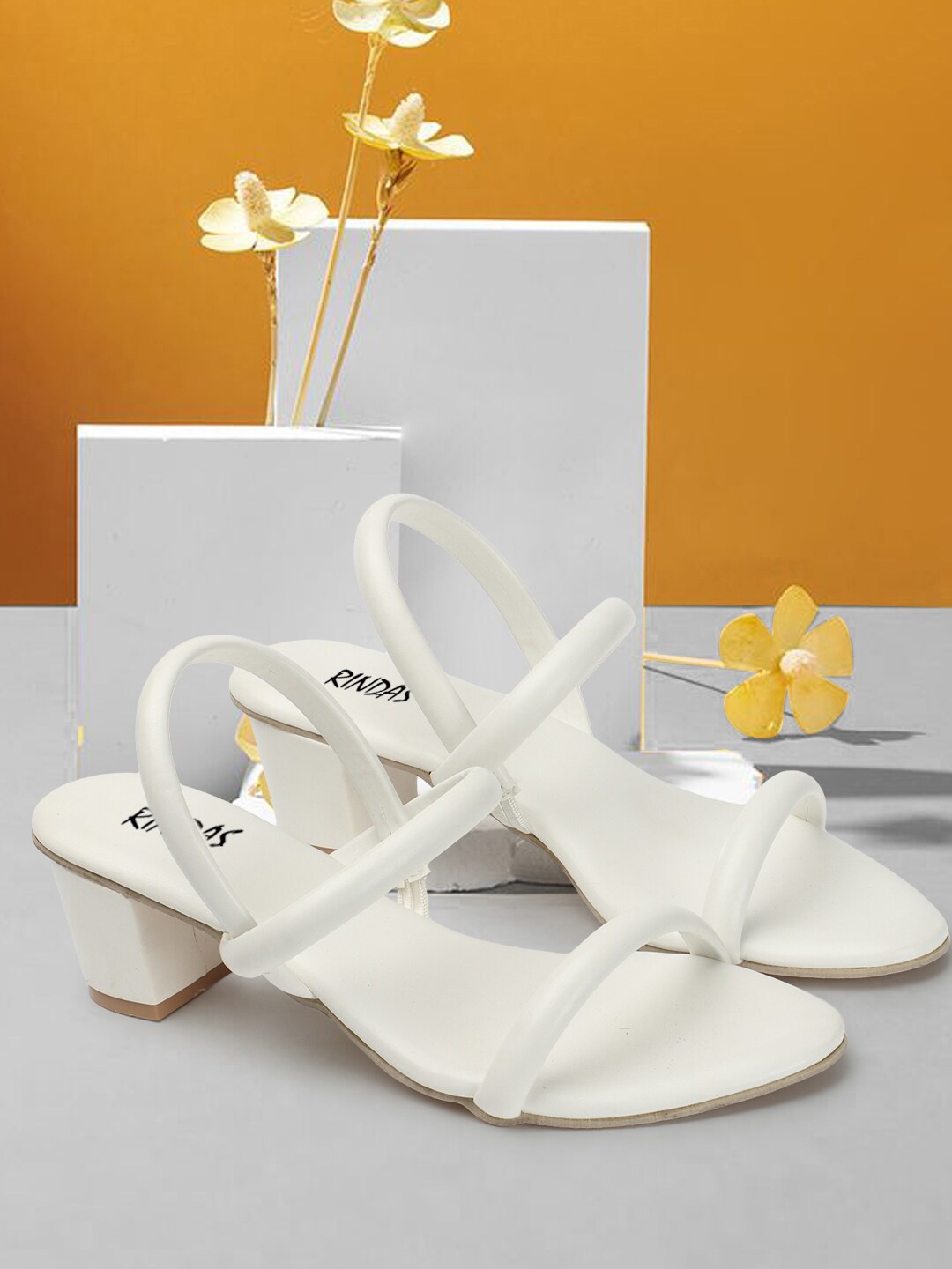 

RINDAS Open Toe Block Heels With Backstrap, White
