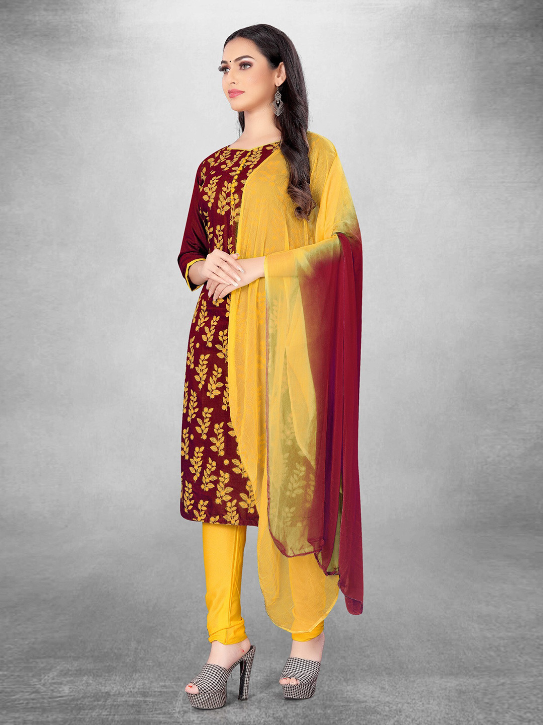 

KALINI Floral Printed Unstitched Dress Material, Maroon